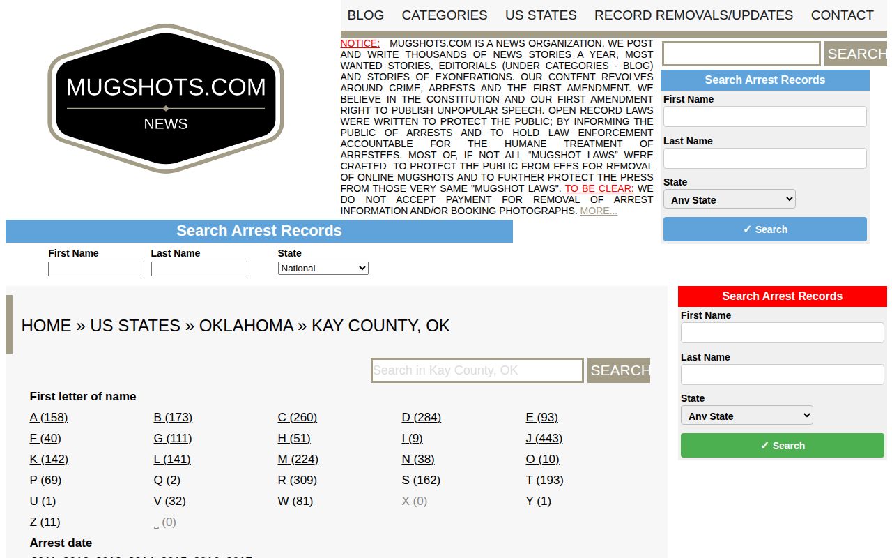 Kay County arrest and booking records source context for the Mugshots.com county page